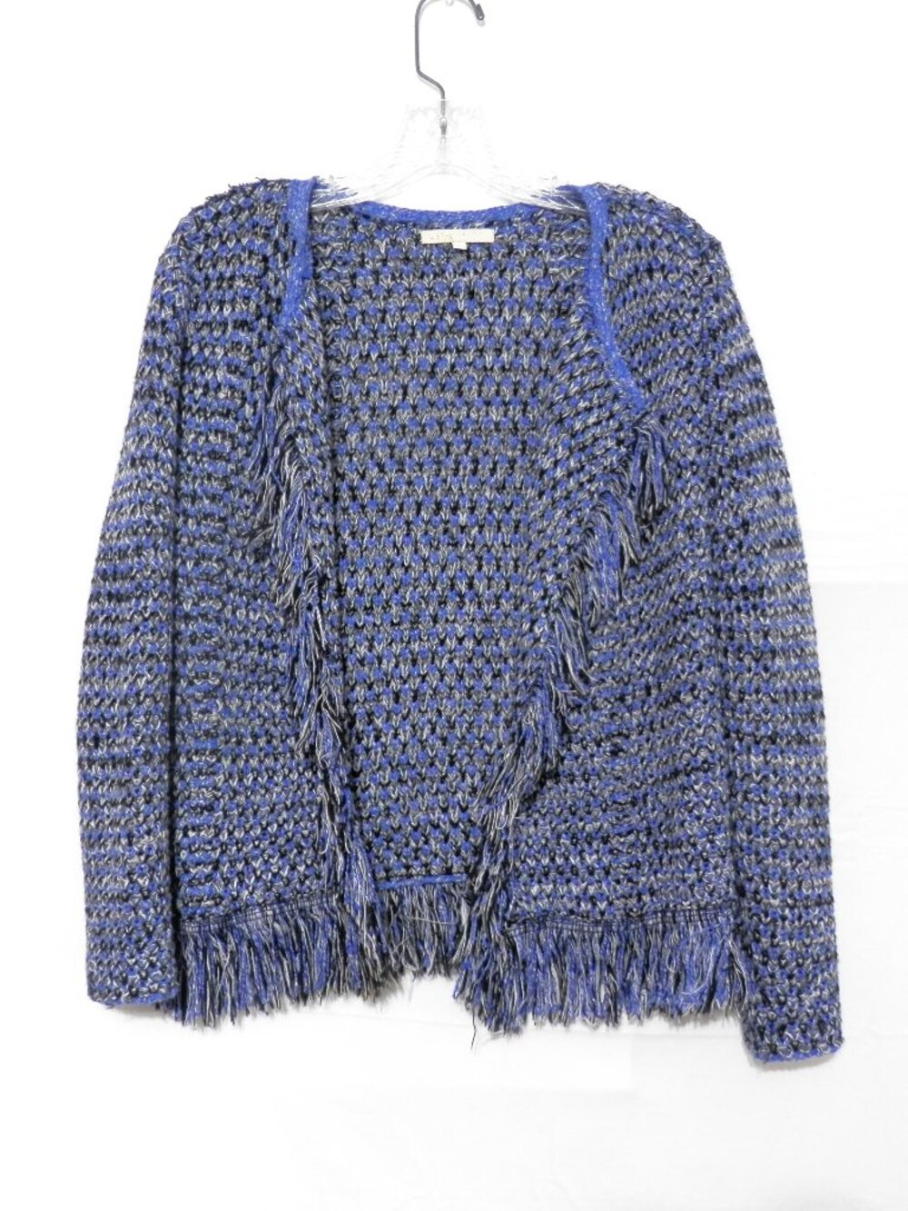 Maje Metallic Fringe Trim Knit Open Front Cardigan Jacket, Size 2